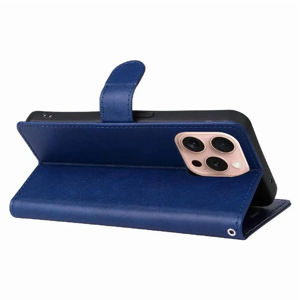 For iPhone 16 Pro Max Case Wallet Flip Cover Magnetic Stand Card Slots Strap Blu